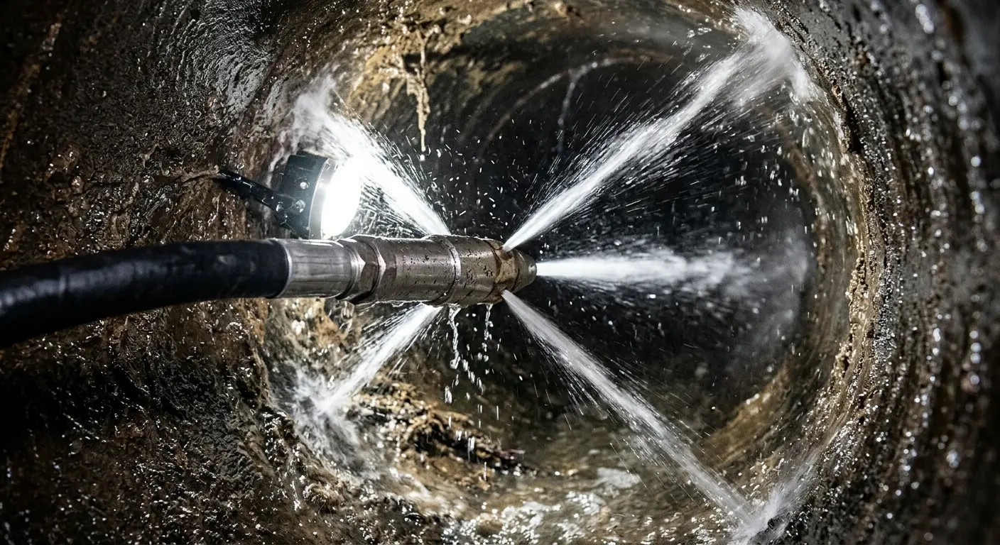 High-pressure hydro jetting nozzle cleaning sewer pipe for Emergency Drain Service in Grosse Pointe Park