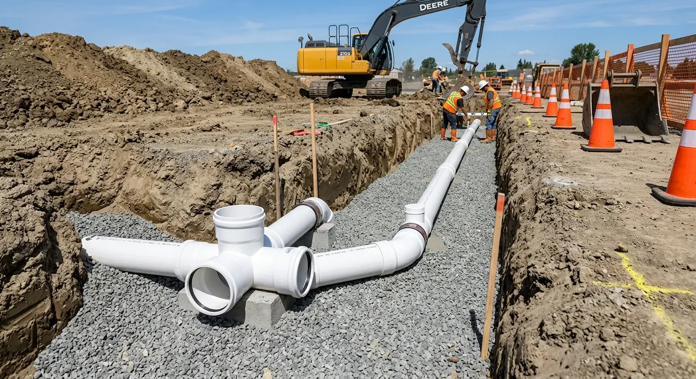 New PVC sewer pipe installation in open trench for Sewer Backup in Grosse Pointe Park