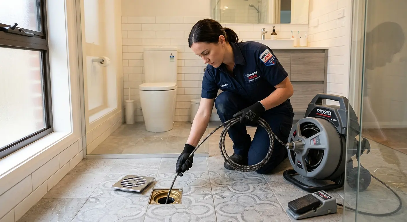 Technician clearing a bathroom floor drain for Sewer Line Installation in Grosse Pointe Park